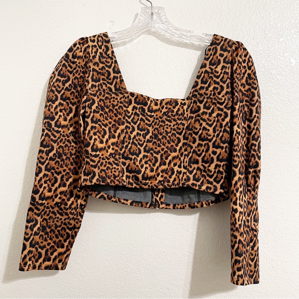 Zara Puff Sleeve Zipper Front Corset Crop Top in Leopard Print - Picture 4 of 8